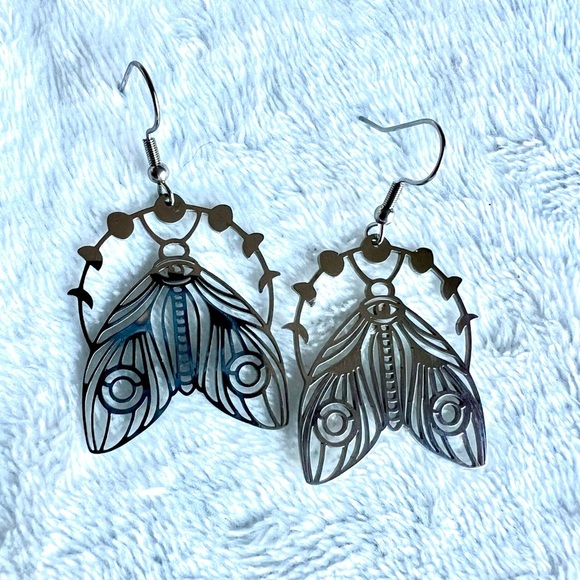 Mystical Moon Moth Lunar Cycle Stainless Steel Earrings - Picture 5 of 5